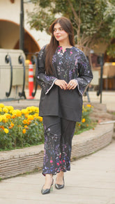Jugnu - Black Short Shirt with floral Prints and Matching Trousers